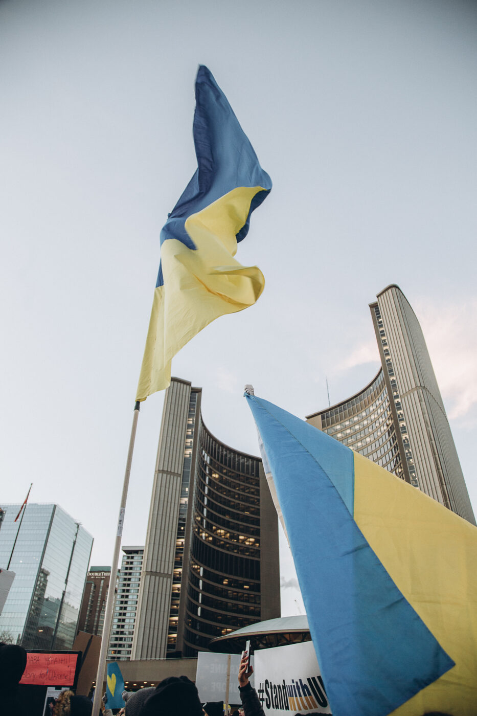 The Ukrainian flag flies outside of Toronto City Hall