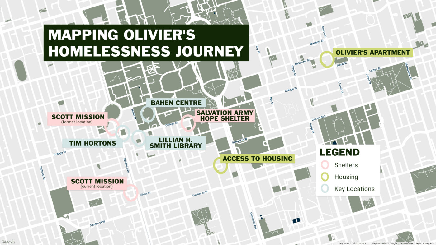Olivier M. showed us several key locations in his journey from homelessness to permanent housing, including the City of Toronto Access to Housing building, past locations of shelters where he stayed, and places where he would spend time around broader society.