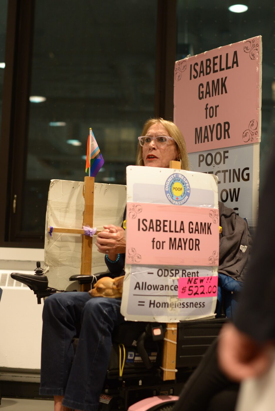 A woman with signs running for mayor speaks from her wheelchair.