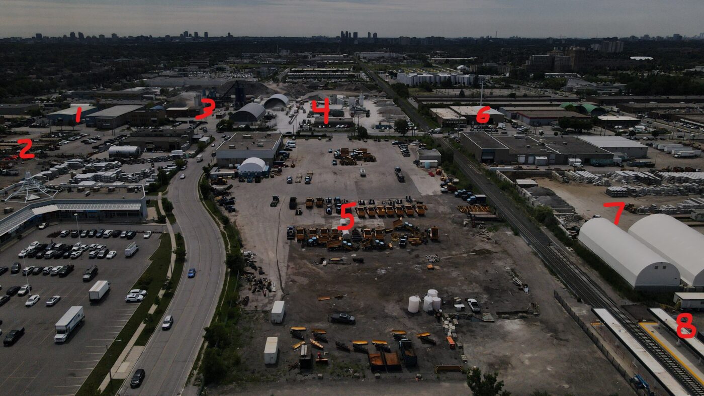 An annotated photo of the Kennedy and Steeles industrial site.