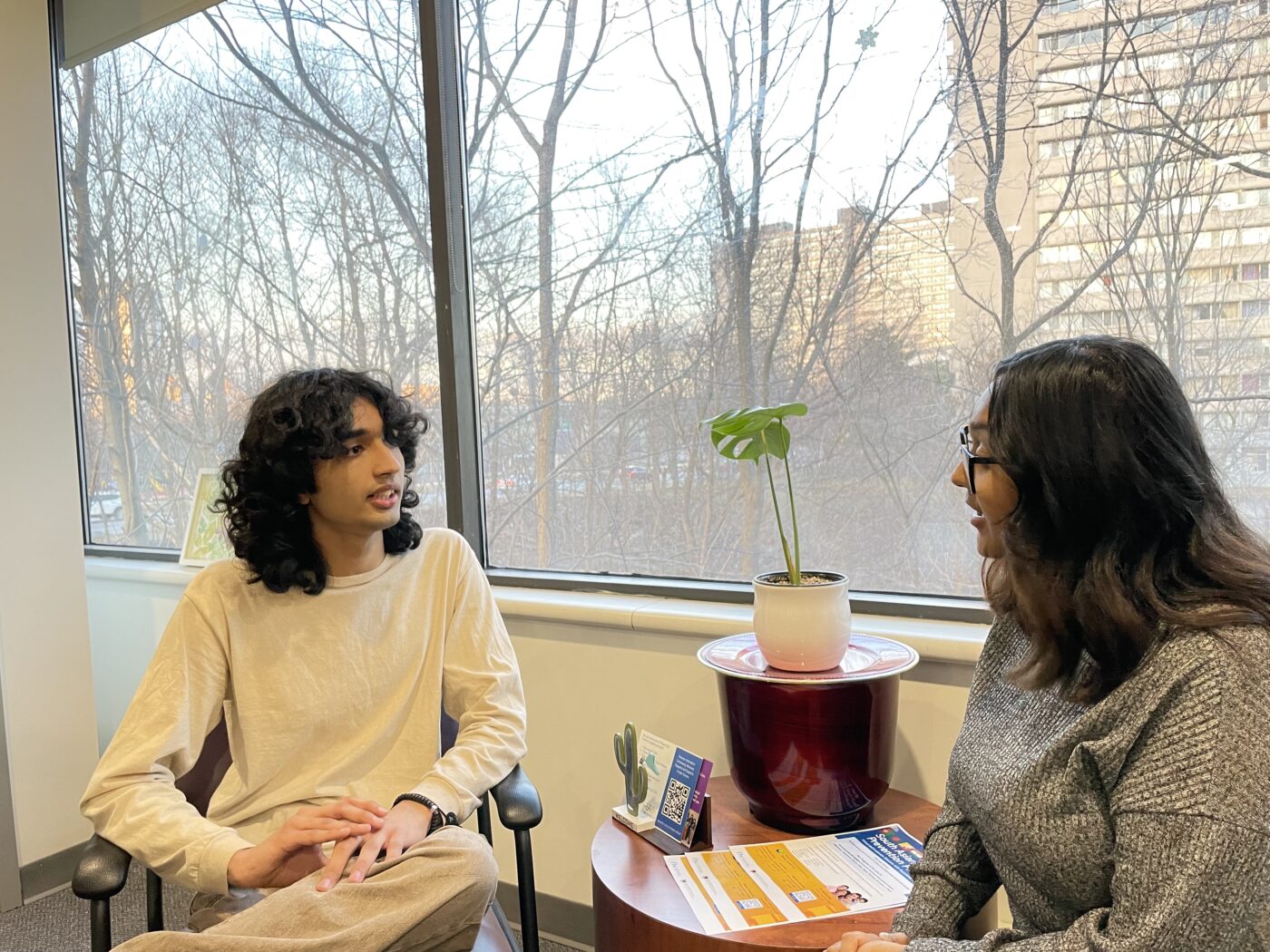 Sex Education by Theatre peer mentor Sara Ahmed (pictured right) and participant Ibraheem (pictured left) chat in Flemingdon Health Centre.