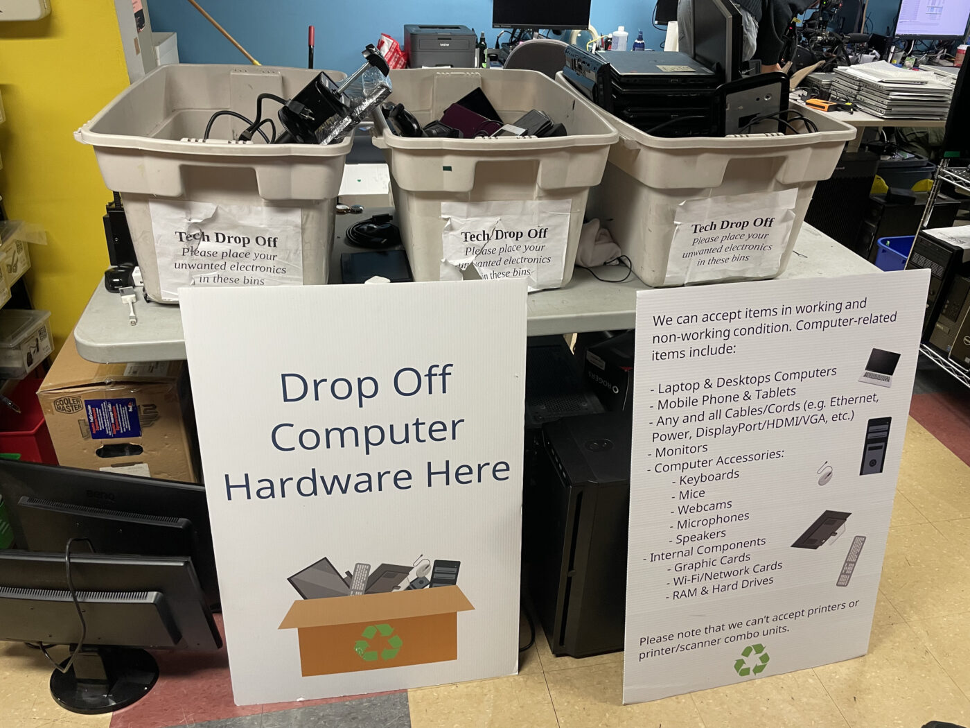 Tech drop off bins at Free Geek Toronto that help in reducing e-waste.