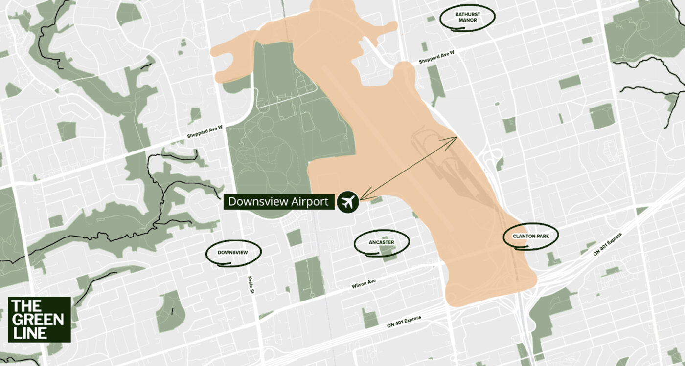 Map of Downsview Airport and how it separates surrounding neighbourhoods, including Ancaster, Downsview, Bathurst Manor and Clanton Park.