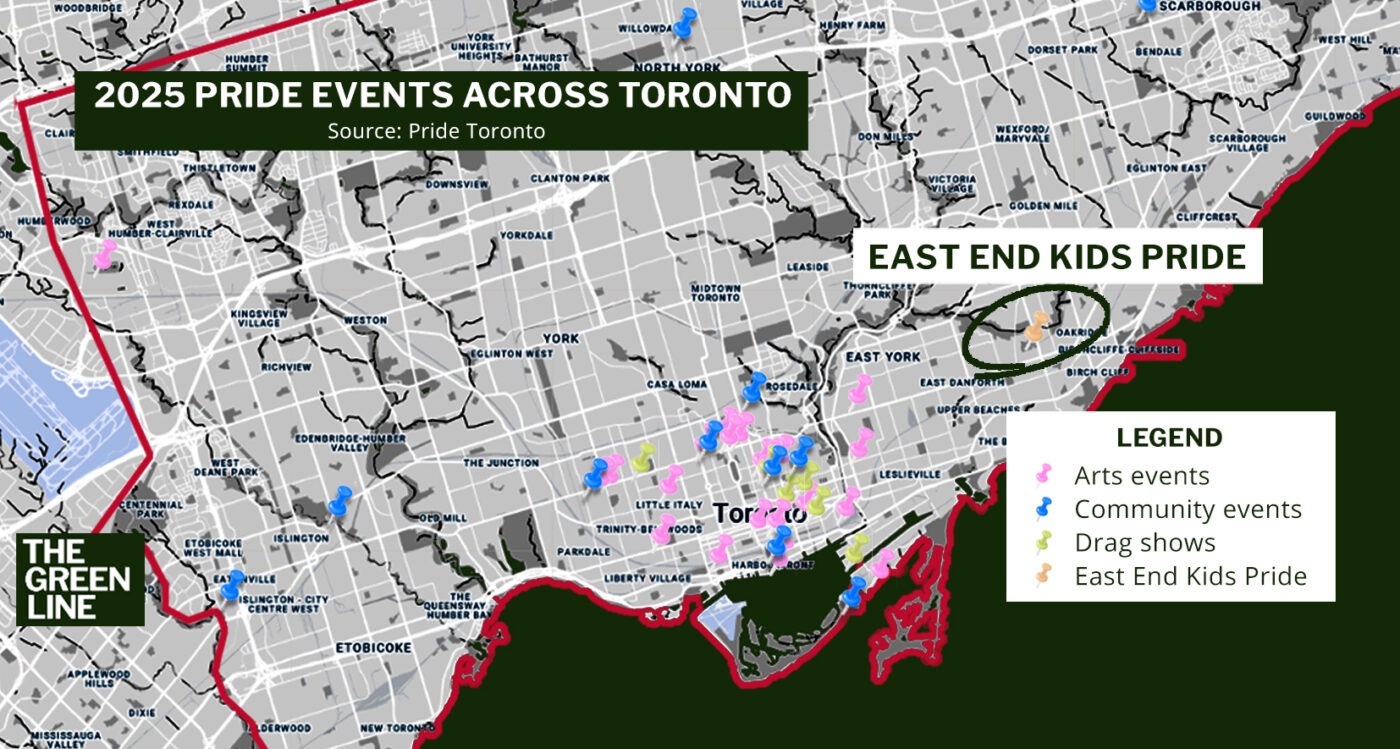 PRIDE EVENTS IN TORONTO GREEN LINE GFX MAP Pride events across Toronto and the lack of East End Pride.