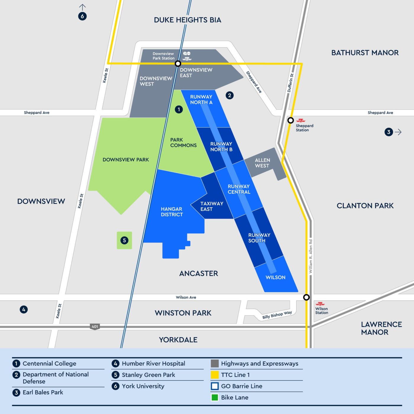 Map of YZD, an underused urban space, reimagined into seven sustainable neighbourhoods located next to Ancaster.