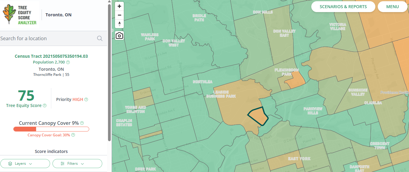 Tree equity score analyzer shows canopy cover in Thorncliffe Park.