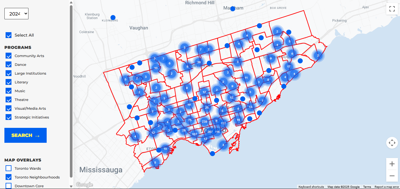TAC map Toronto Arts Council map on arts programs funding across Toronto.