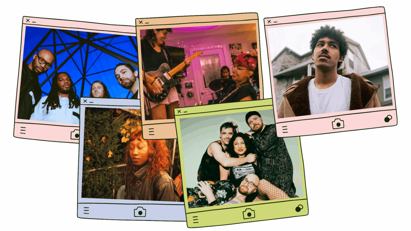 A collage of BIPOC rock and metal musicians in Toronto. Top row, from left to right: The OBGMs, Chasing Laika, Cam Kahin. Bottom row, from left to right: earth2tiffany, Chinese Medicine.