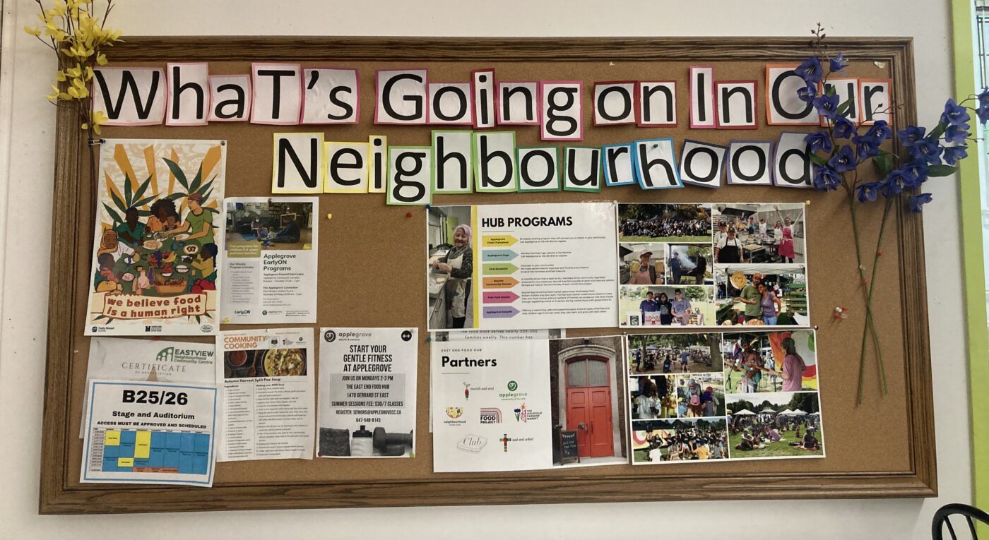 East End Food Hub's bulletin board on programs for residents.