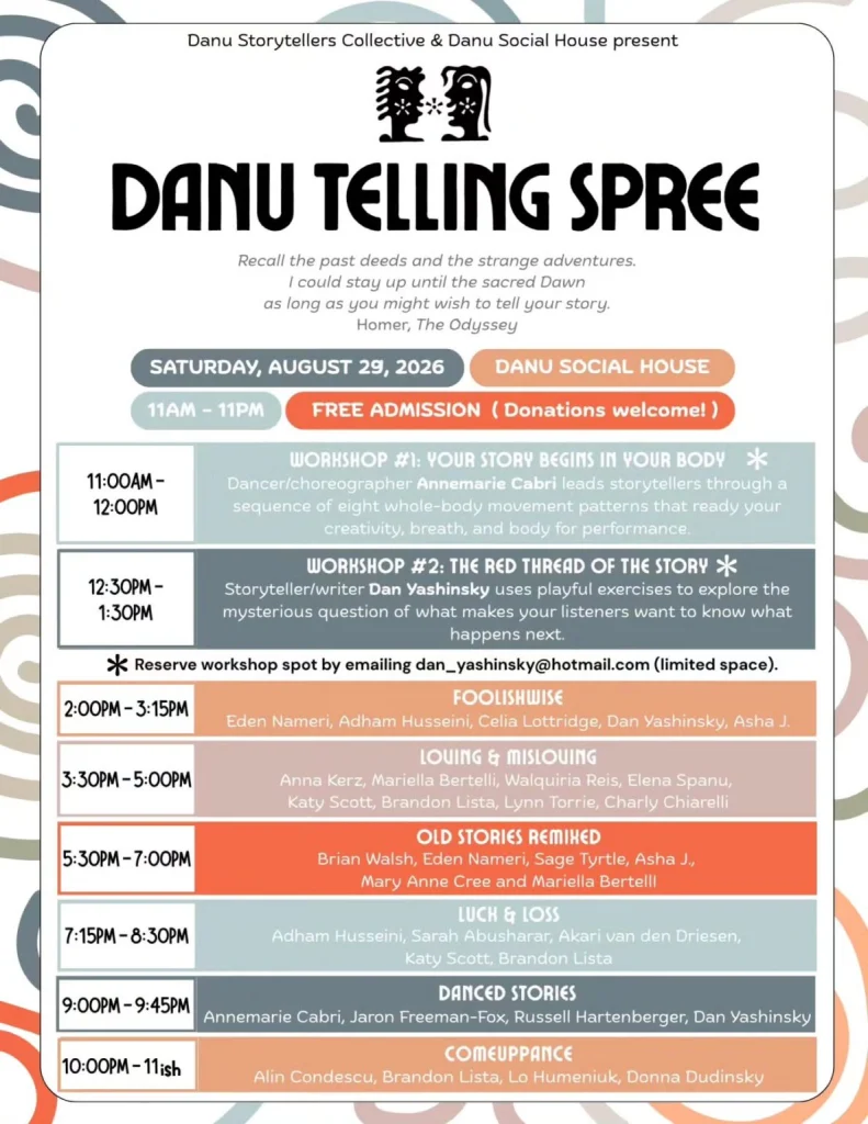 Poster for Danu Social House's Telling Spree event on Aug. 29, 2026.