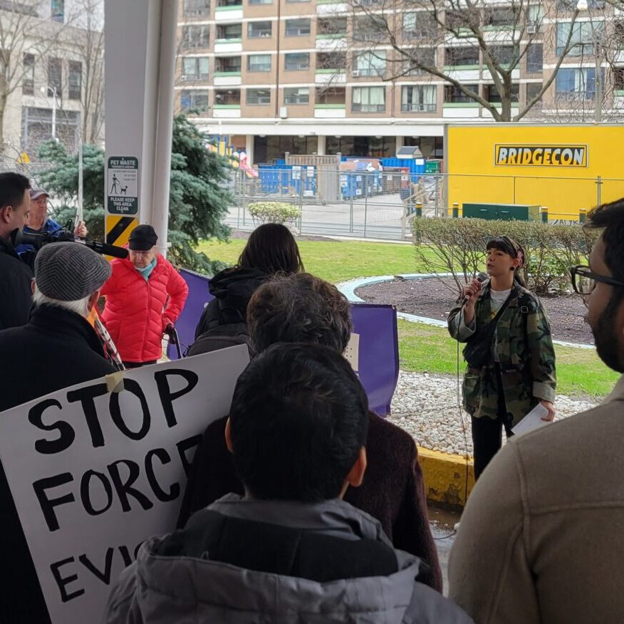 No Demovictions organizer and housing activist Megan Kee speaks to the crowd during a protest outside 25 St. Mary St. on April 1, 2023.
: Provided by Vanessa Jung.
