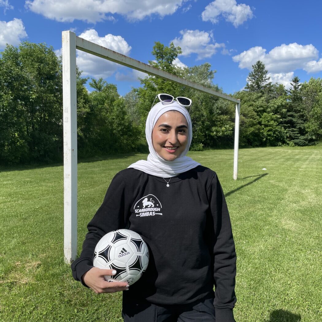 Mohazzama Muhtaj, program director of Scarborough Simbas, stands on the soccer field at Terraview Park in Wexford.