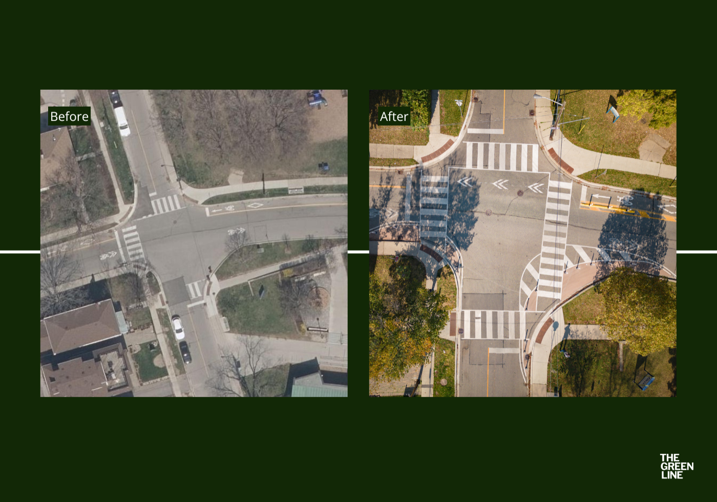 Before and after photos of Mimico road safety measures implemented at Station Road and Stanley Avenue.