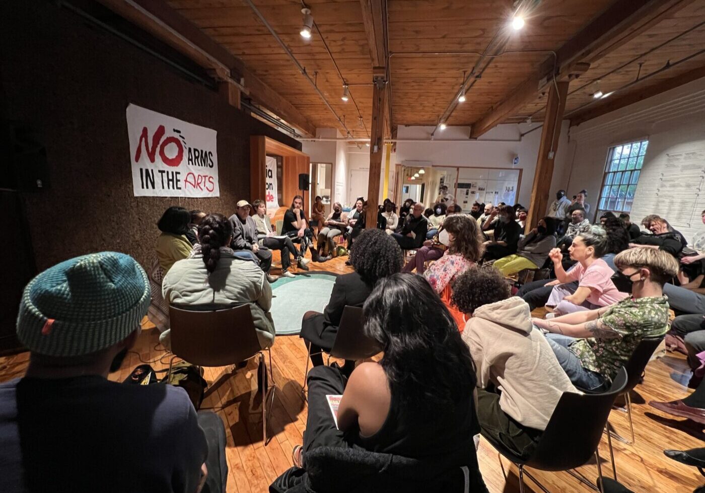 On April 30, 2024, the No Arms in the Arts festival organized a roundtable discussion on building international solidarity in anti-colonial organizing with members from the Sudan Solidarity Collective, Jews Say No to Genocide, and Queers 4 Palestine.