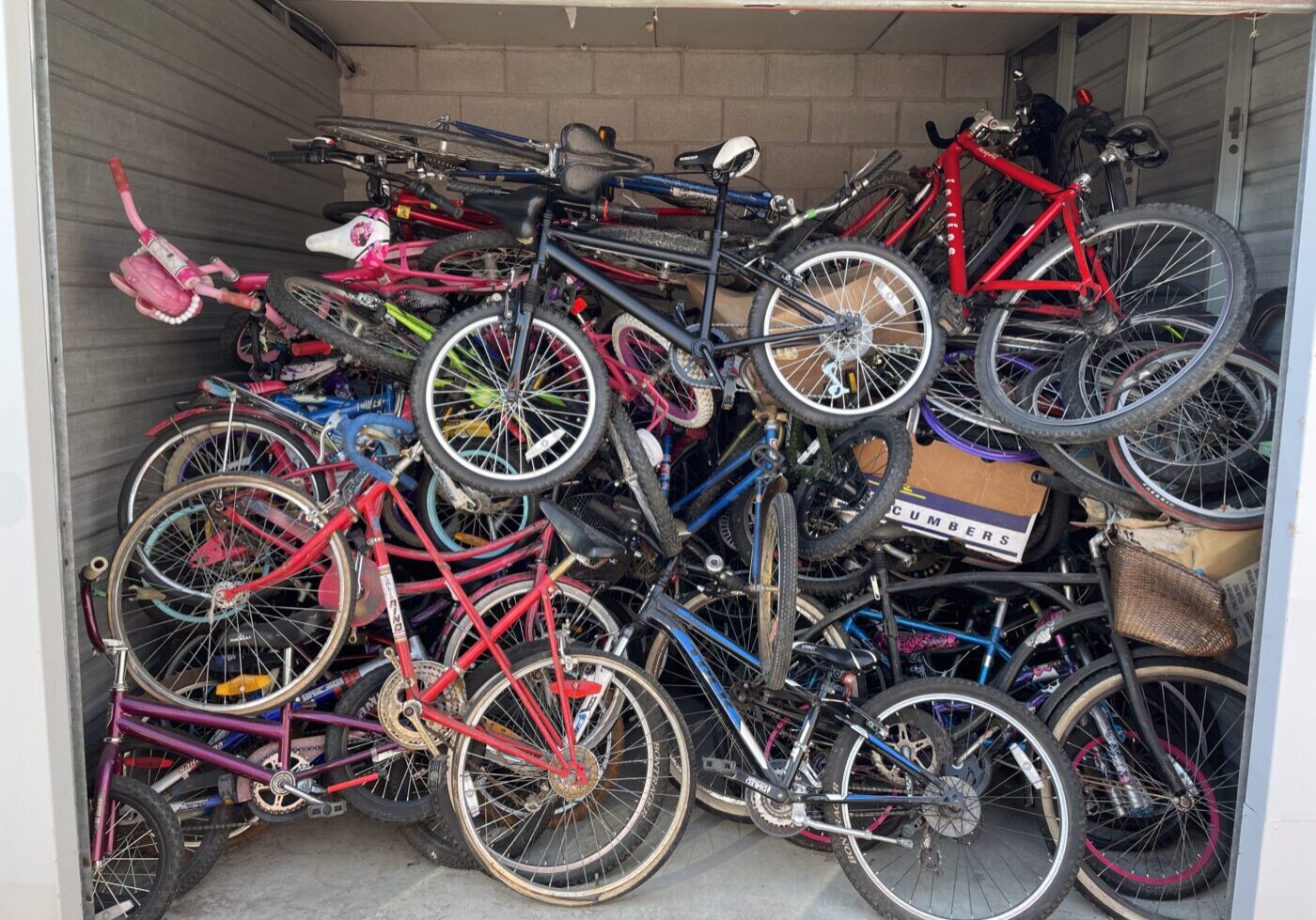 A garage filled with donated bikes from the community. (Scarborough Cycles)