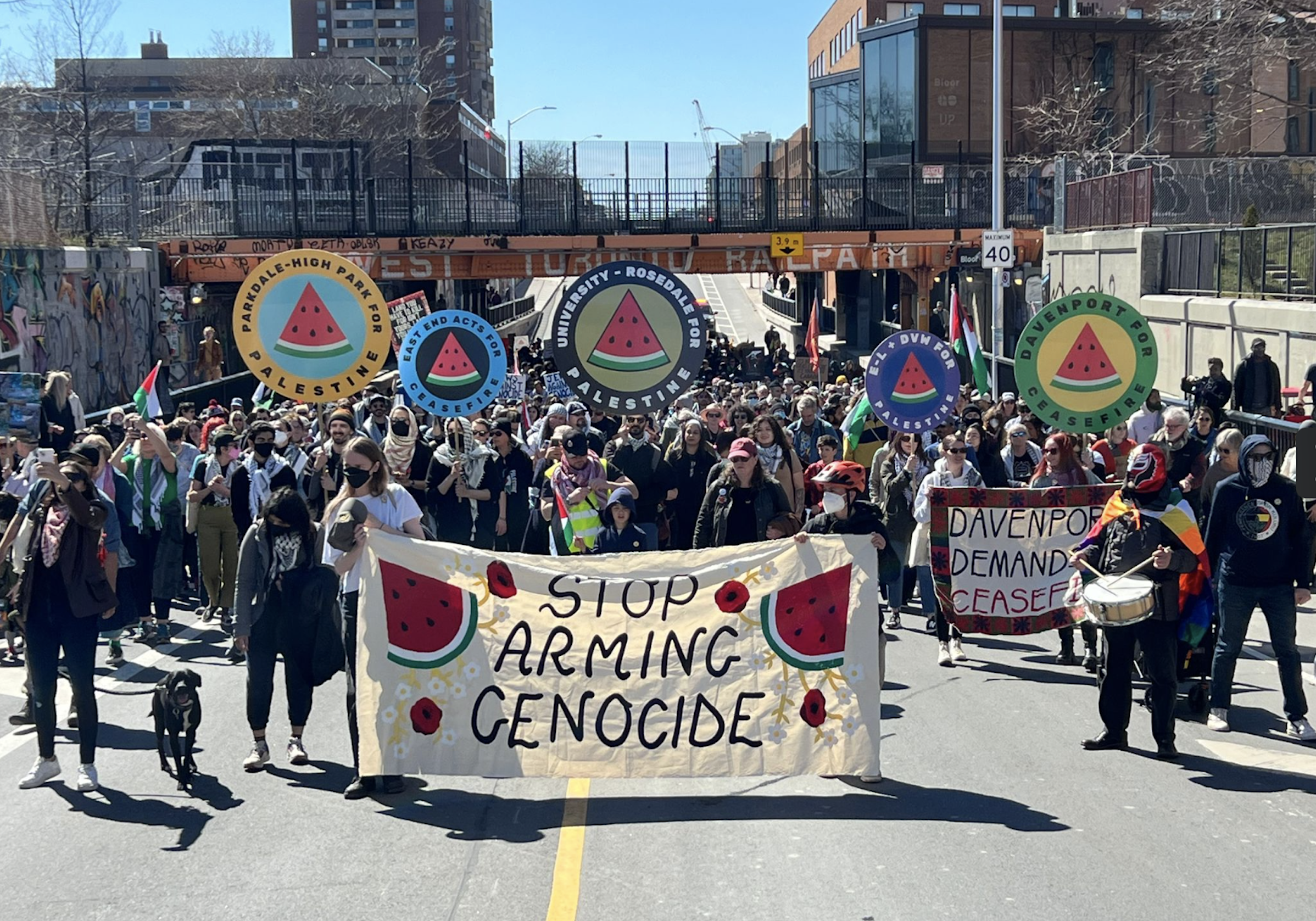 On April 7, 2024, thousands of people marched with different neighbourhood grassroots groups, from Parkdale to East End, to demand an arms embargo, end to genocide, and free Palestine.