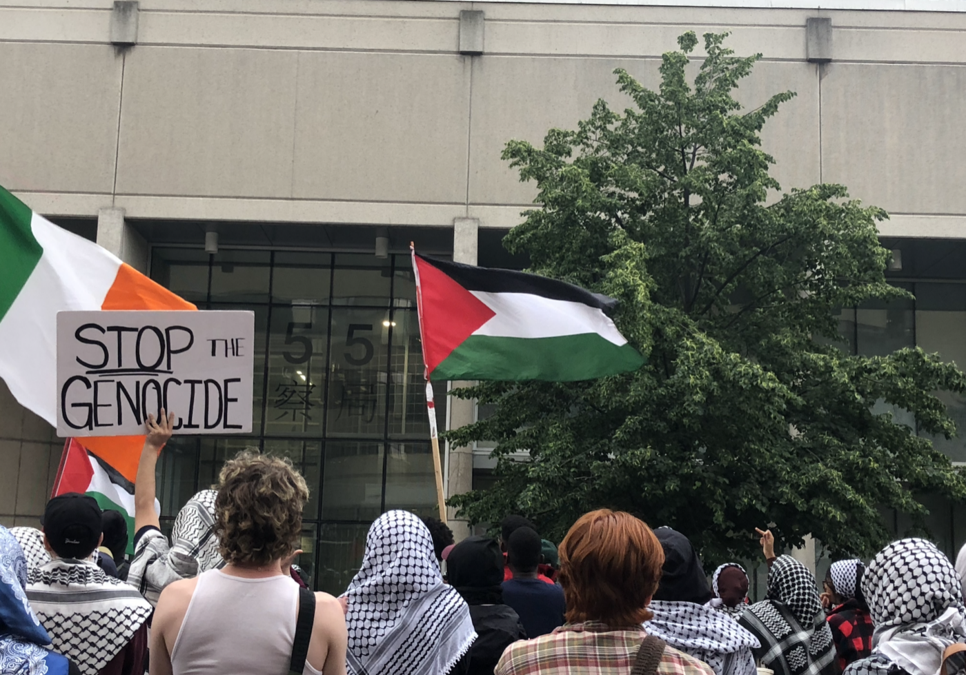 Pro-Palestinian activists demand the release of peaceful protesters who were arrested by Toronto Police Service 52 Division